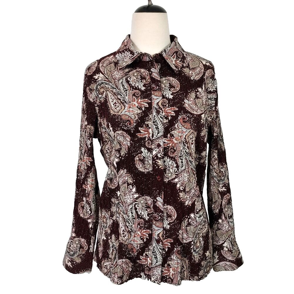 East 5th Mini Pleated Button Up Blouse Top Womens Size XL Long Sleeve Stretch